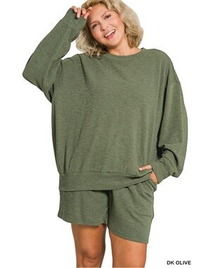 Cozy Lounge Set - Olive Green Sweatshirt & Shorts